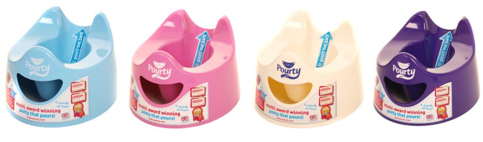 Pourty Potty in blue, pink, white and purple